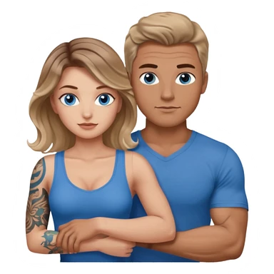 Women with blue eyes and brown blond balayage curled hair in the arms of a man with strong arms a straight face, a very sexy man blue eyes and tattoos on his arm  sticker