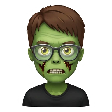 Green zombie, brown hair, black glasses, black shirt. iOS style. sticker