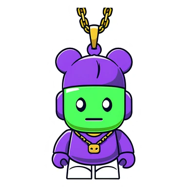 classic bearbrick figure with lime green mask covered in chaotic brand logos, wearing several large gold chains, gold pendant, rapper style accessories, expressive eyebrows sticker
