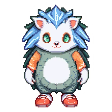 blue humanoid hedgehog with white gloves and socks, red shoes, 3 quills, peach belly, green eyes sticker