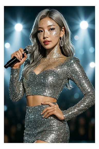 Glamorous K-pop singer with silver glitter, stylish and dazzling sticker