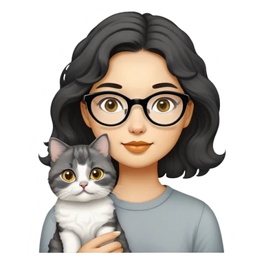Young woman with oval face and warm yellow-toned skin, black wavy hair, thin-framed glasses, holding a grayish-white Munchkin cat with short legs and charcoal-gray marking under its mouth sticker