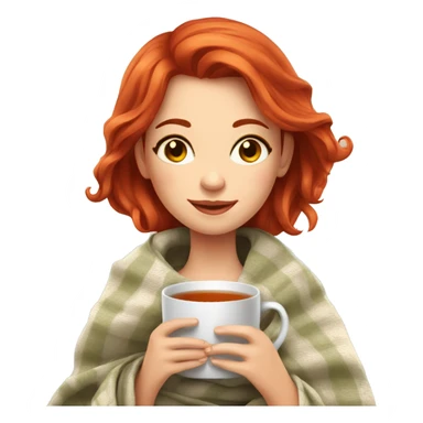 beautiful girl with red hair sits in a blanket and holds a mug of tea sticker