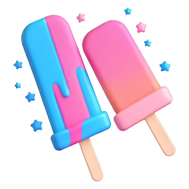 3D iOS style popsicle with blue and pink colors, star decorations, and a melting effect sticker