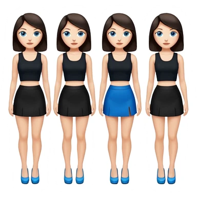 realist caucasian woman, long dark brown hair, blue eyes, black crop top, black mini skirt, high heel black shoes, full body, emoji style, different pose sticker