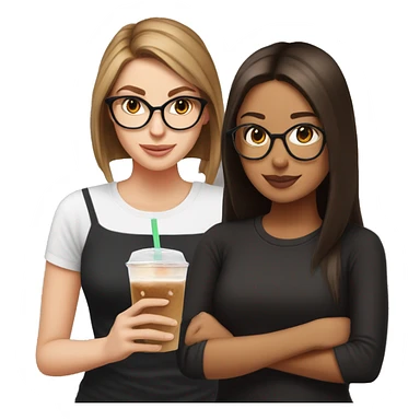 White girl with librarian glasses, a black shirt, long straight brown hair in a low ponytail drinking an iced coffee from dunkin sticker