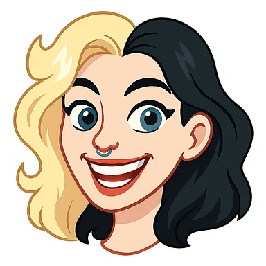 Edit the image in the style of a Telegram sticker. Show the head with hair, blue eyes, very pale skin, a neat nose with piercing. Make the character smile with visible teeth. Do not add any white outline. Remove the background. sticker