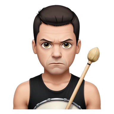 Christoph Schneider, drummer of Rammstein, short hair, serious expression, black tank top sticker
