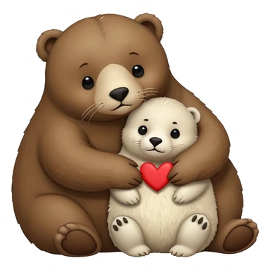 small white seal hugging a big brown bear with a heart in between them sticker