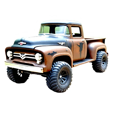1:10 off-road lcg smoking rusting Arrma Traxxas Basher style Wednesday Adam’s 1954 blackened tarnished hotrod utility streamlined anime Ford zombie extended cab rc bulging pickup (extra wide low-profile pin tires chrome wheels with fenders) sticker