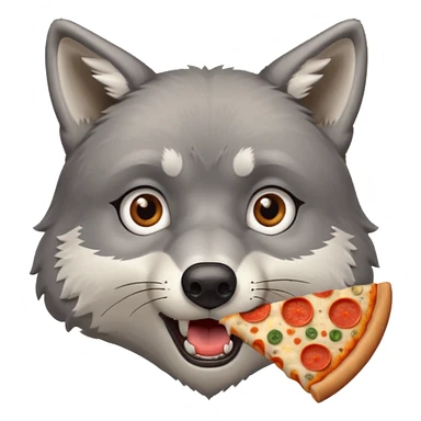 a sitting surprised grey wolf eating a piece of pizza emoji sticker