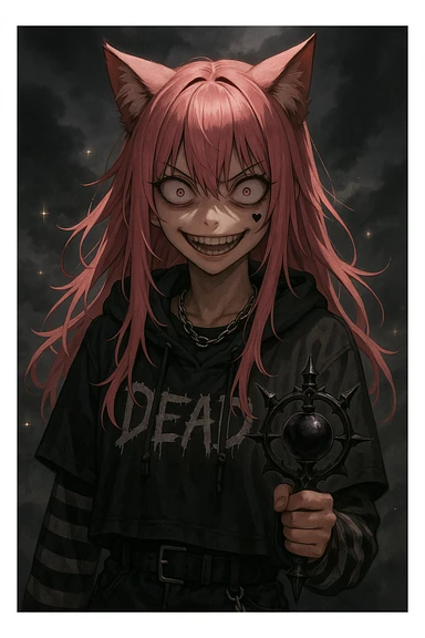 realistic anime catgirl with pink hair, emo streetwear, heart tattoo under left eye, dark magical accessory, sparkles, stormy background, classic yandere scary face with crazy eyes and unsettling grin sticker