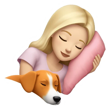 White blonde girl who sleeping peacefully with his orange dog in a bed with a white pillow and a pink blanket sticker