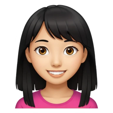 20 yr old asian woman hair  center part big eyes big smile tanned skin straight black hair center part hair long bangs sticker