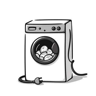 front-loading washing machine with clothes inside sticker