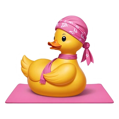 side view of yellow rubber duck with a pink bandana doing yoga while praying sticker