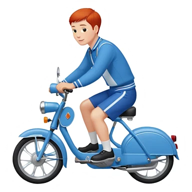 Un Solex 5000 de couleur blanche avec un homme aux guidon, habillé en bleu avec les cheveux courts et roux  sticker