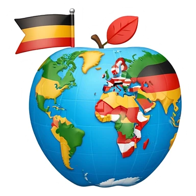 3D globe in Apple emoji style, Germany clearly marked in Europe, arrow pointing from Germany to USA in North America, word 'VPN' in modern bold sans-serif font with US flag overlay in background, smooth gradients, soft shadows, realistic 3D look, no other text, suitable for Instagram Reel sticker