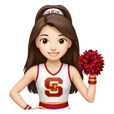skinny white happy long haired brunette girl in a white USC cheerleader outfit with the letters USC sticker