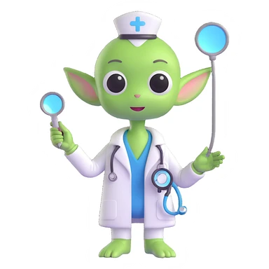 cute green alien in a doctor's outfit, with a head mirror and stethoscope sticker