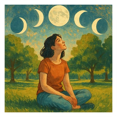 artistic illustration of a woman sitting on the grass in a park, looking up, surrounded by the moons of the 4 phases sticker