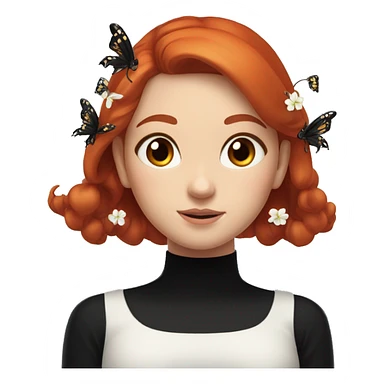 a girl with red hair with a black crab, wearing a black turtleneck over which a white blouse with dropped shoulders, earrings with butterflies, a long hairpin with small white flowers on two sides of her head sticker