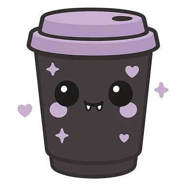 kawaii style gothic mocha, cute face, black takeaway cup, purple heart and star decorations, tiny fangs, fun and gothic sticker