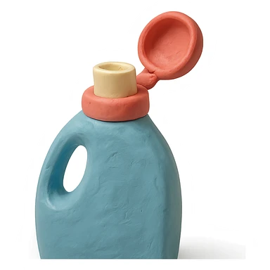 close-up of detergent bottle with cap open in claymation style, soft lighting, pastel colors sticker