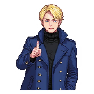 Flat pixel art, bold and charismatic male leader, Caucasian, short neat blonde hair, sharp eyes, indigo coat over black turtleneck, one arm raised pointing out, waist-up, front-facing sticker