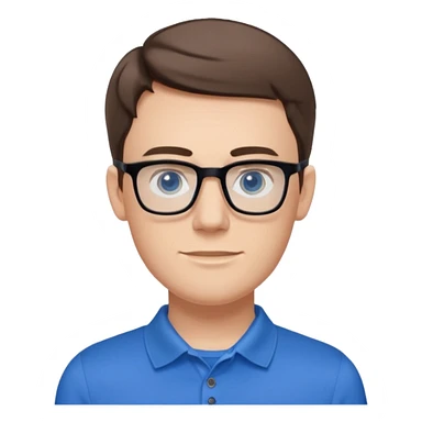 Scott The WozYoung white man, late 20s, short brown hair, blue eyes, clean-shaven, thin black rectangular glasses, slim build, wearing a blue polo shirt, friendly and energetic look. sticker