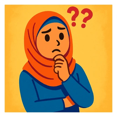 young woman in hijab, looking uncertain, with '??' above her, colorful and friendly sticker