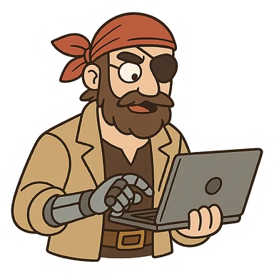 a pirate with a robotic arm, holding a laptop, wearing a bandana and eye patch, digital era pirate, cartoon style sticker