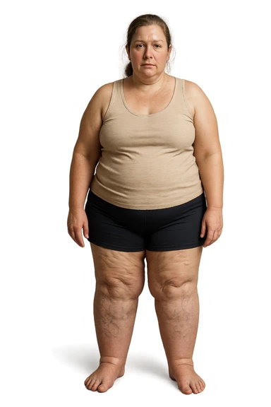 donna realistica leggermente in sovrappeso con vene visibili sulle gambe e gambe gonfie, iperrealistica 4k, IPERREALISTICA 4K sticker