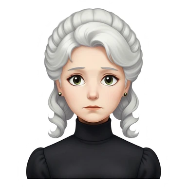 A Victorian woman with elegant coiffed white hair and light eyes wearing a modest unaccessorized black turtleneck mourning dress looking down with a forlorn expression sticker