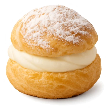 Choux pastry, cream puff style, dusted with powdered sugar, delicate and inviting sticker