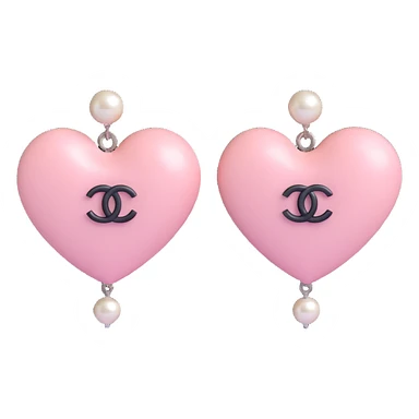 glossy black and white 3D emoji-style heart-shaped earrings with string of pearls and silver Chanel logo, elegant sticker