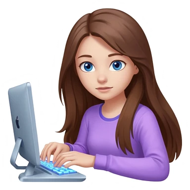 beautiful girl with long brown hair, blue eyes and wearing light purple clothes playing computer games sticker