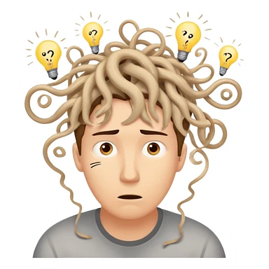 Person with a chaotic mind, swirling tornado of tangled thoughts around their head, containing question marks, light bulbs, and scribbles. The person has a bewildered, overwhelmed expression. sticker