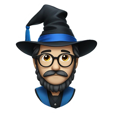 man with white skin, black longer hair, mustache, glasses, with a magic hat, ravenclaw sticker