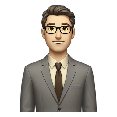 Full height Pale skinned Fit Man With dark brown hair in classic gray suit, beige office shirt, dark gray tie, and vintage glasses. Thrumbs of his palms directed up sticker