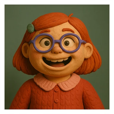 Transform the character Mei Mei from a red panda into a regular human girl, illustrated in the claymation style. Emphasize the matte, plasticine claymation look with visible fingerprints and pastel colors. sticker