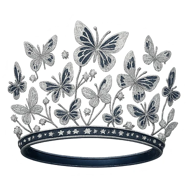 butterfly crown with a midnight blue base, butterflies in silver and navy enamel, sparkling gems, transparent background sticker