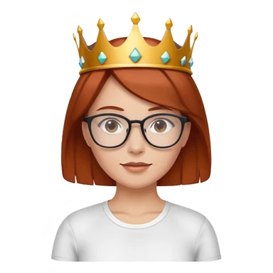 sporty woman with glasses and reddish-brown bobbed and fair skin hair with a crown sticker