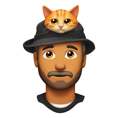 Stubble rugged man with orange and black cat laying on his head sticker