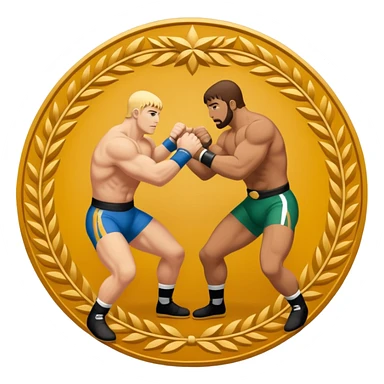 An icon symbolizing wrestling combat sports in the style of an emblem. The design features two wrestlers locked in a powerful grapple, one attempting to take the other down. Surrounding the scene are stylized elements like a championship belt, wrestling mat, and a laurel wreath. sticker