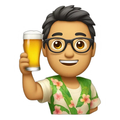 Japanese wearing glasses alohashirt is holding beer sticker
