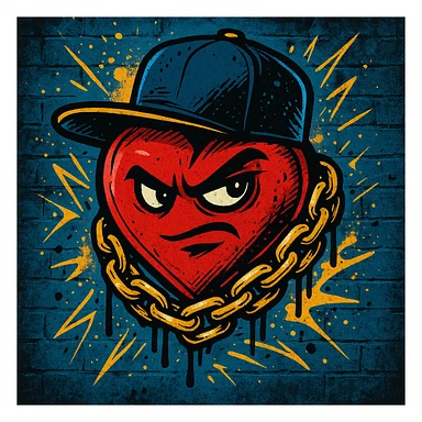 heart in rap style with hip-hop elements, chain, cap, bold look sticker