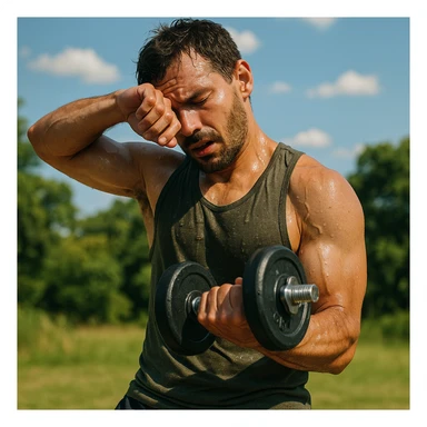 uomo fitness che si allena in estate, tutto sudato, con una mano fa un curl manubri mentre con l'altra mano si asciuga il sudore dalla fronte, espressione affaticata in volto sticker