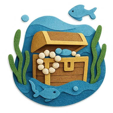 treasure chest underwater with pearls, seaweed, and fish, layered paper effect in paper-craft style sticker