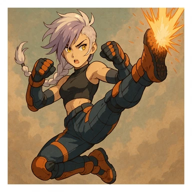 maiden, mohawk, long braid white hair with lavender and tips long messy bangs one side, gold yellow eyes, black crop top, with both fighting gloves up in defensive ready pose, delivering a lightning quick vertical upwards front kick with volcanic force, full defensive padding, TCTF operative, orange and dark dark blue + gray attire. jumping swing falcon kick, perfect posture sticker
